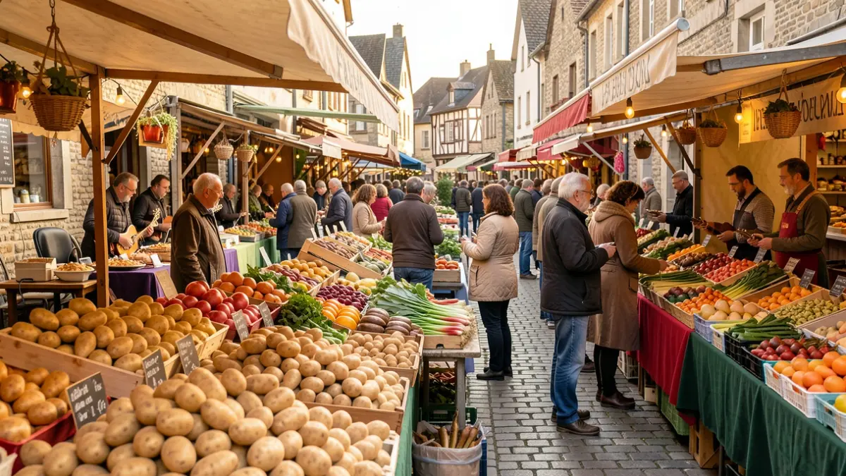 Lively market scene in Florenville, Belgium, with potato stalls and local specialties. Festive atmosphere.