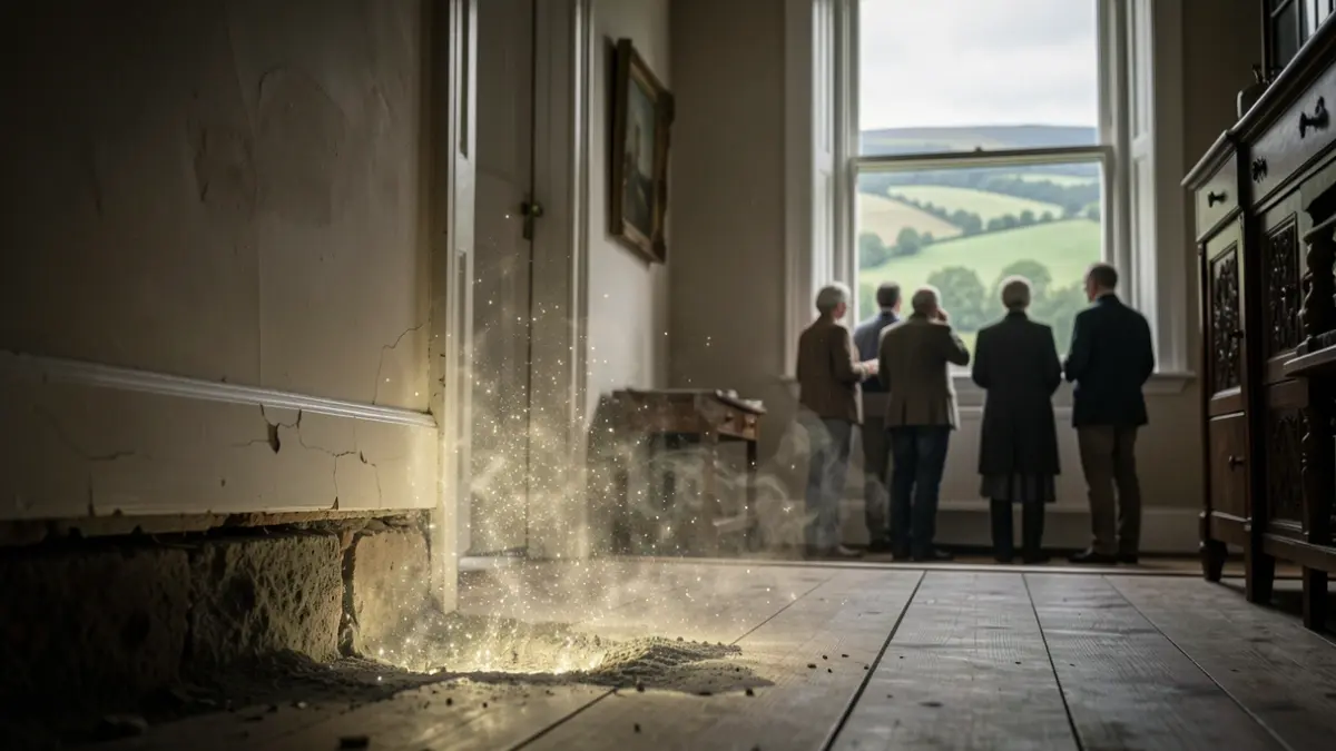 Stylized image of radon gas particles seeping into a house's foundation, with a faint warning glow. Wallonie landscape visible through a window.