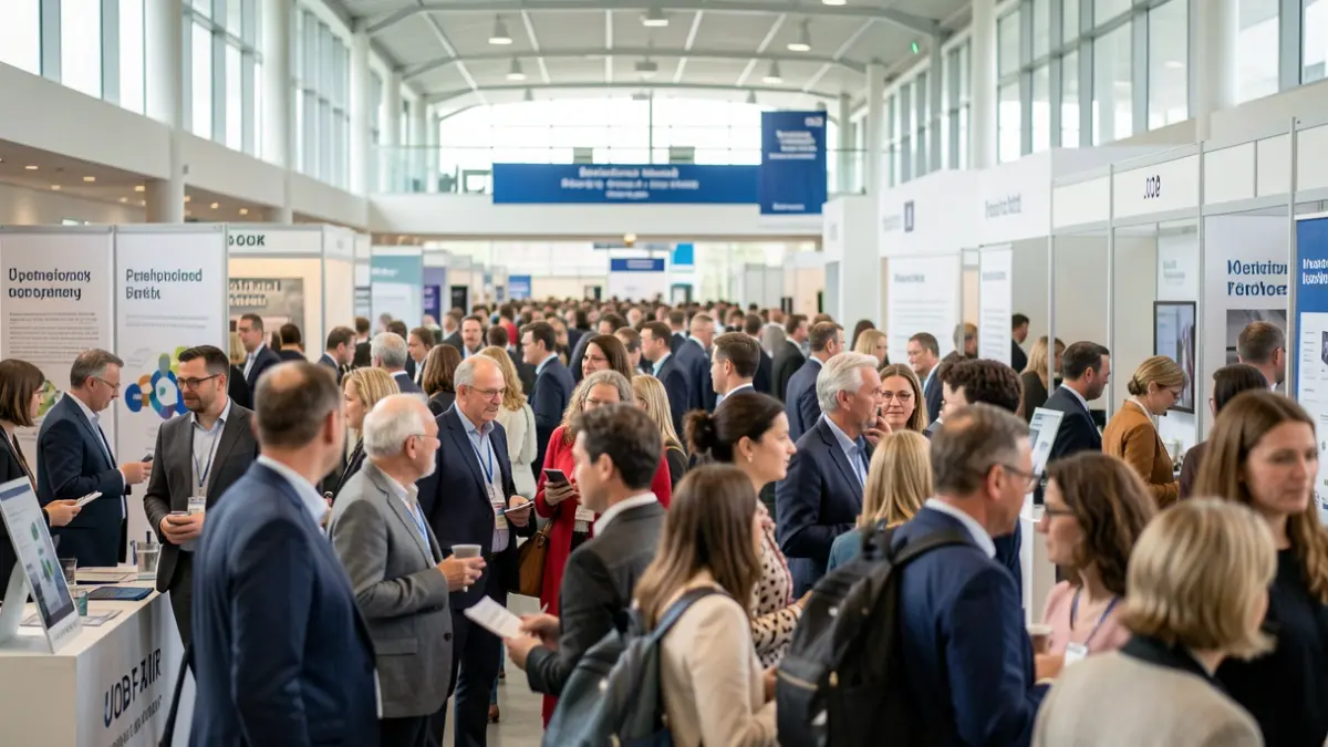 Generic image of a job fair with attendees and information booths.