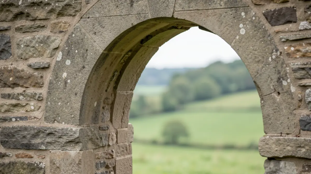 Close-up of a weathered stone archway of a rural Gaume farmhouse, with soft daylight filtering through. Focus on stone texture and architectural details.