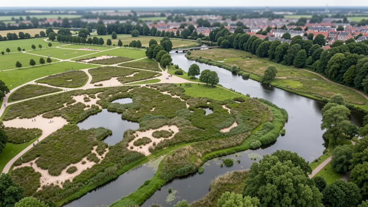 Aerial view of the new Hydrion Park in Arlon, a vast recreational natural space with diverse environments and paths.