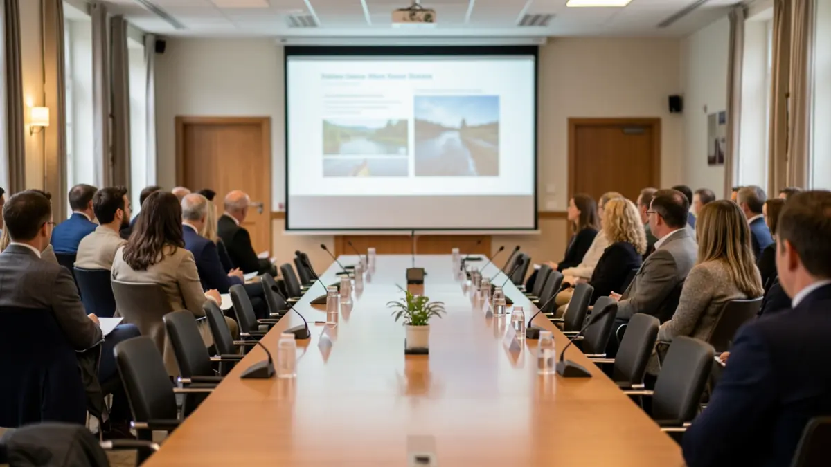Meeting room of the Aubange communal council, set up for a presentation on flood prevention.