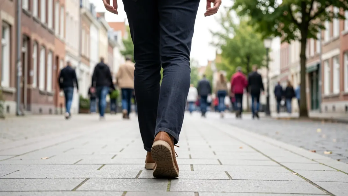 A person's feet walking on a paved sidewalk in a Belgian town, with a blurred background of houses and trees, soft natural light, documentary style.
