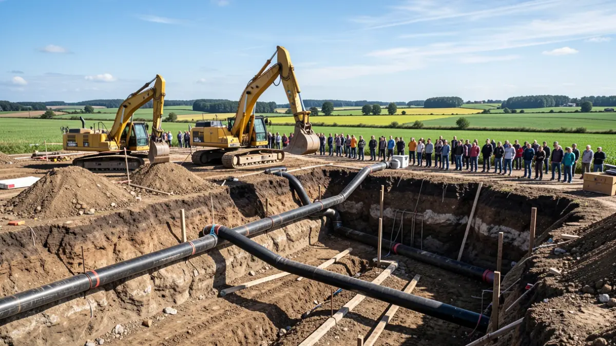 Water distribution network construction site in Longvilly, with machinery and pipes visible in a rural Walloon landscape.