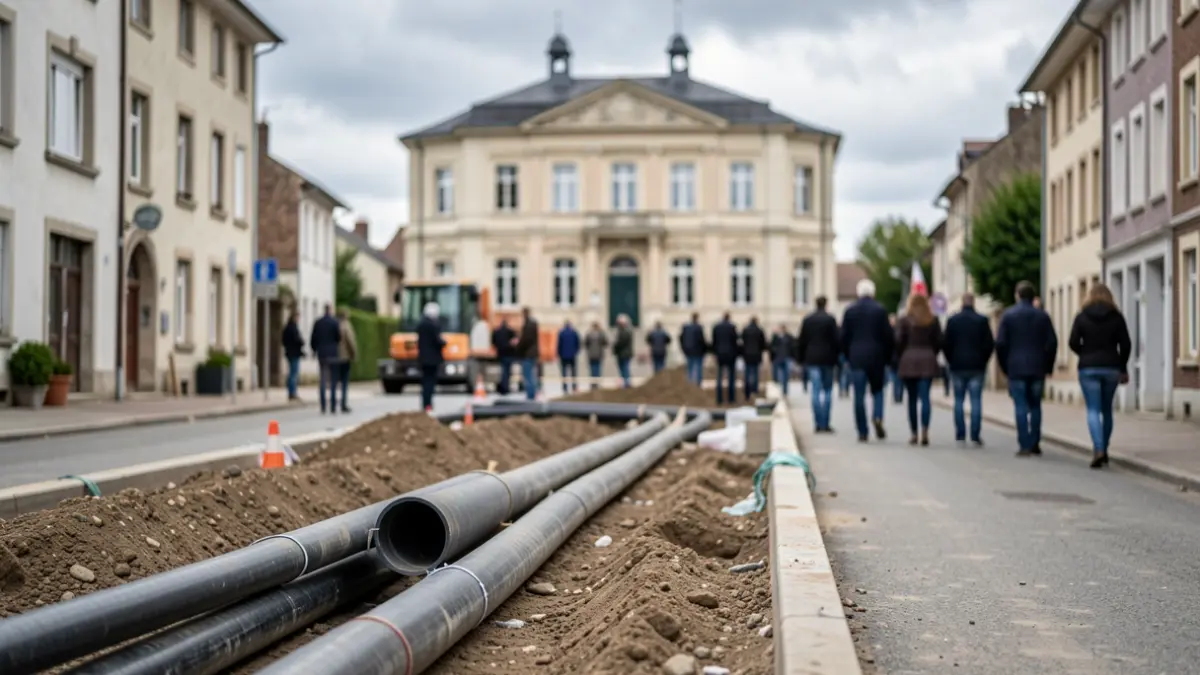 Water pipe laying construction site in a Walloon village, with the town hall in the background.