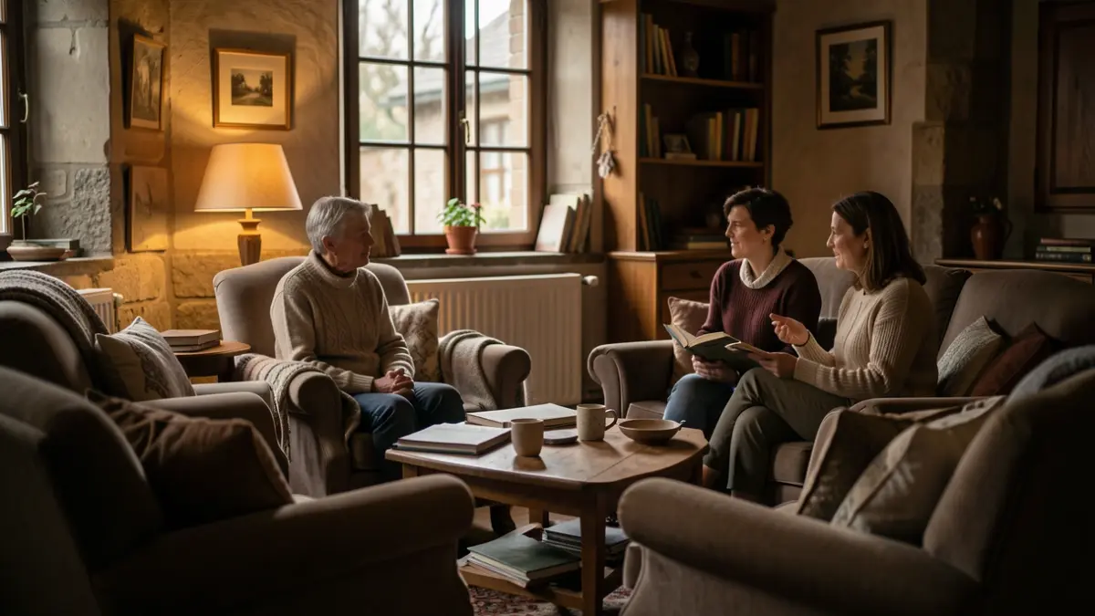 Atmospheric image of a cozy and intimate listening lounge, conducive to sharing stories.