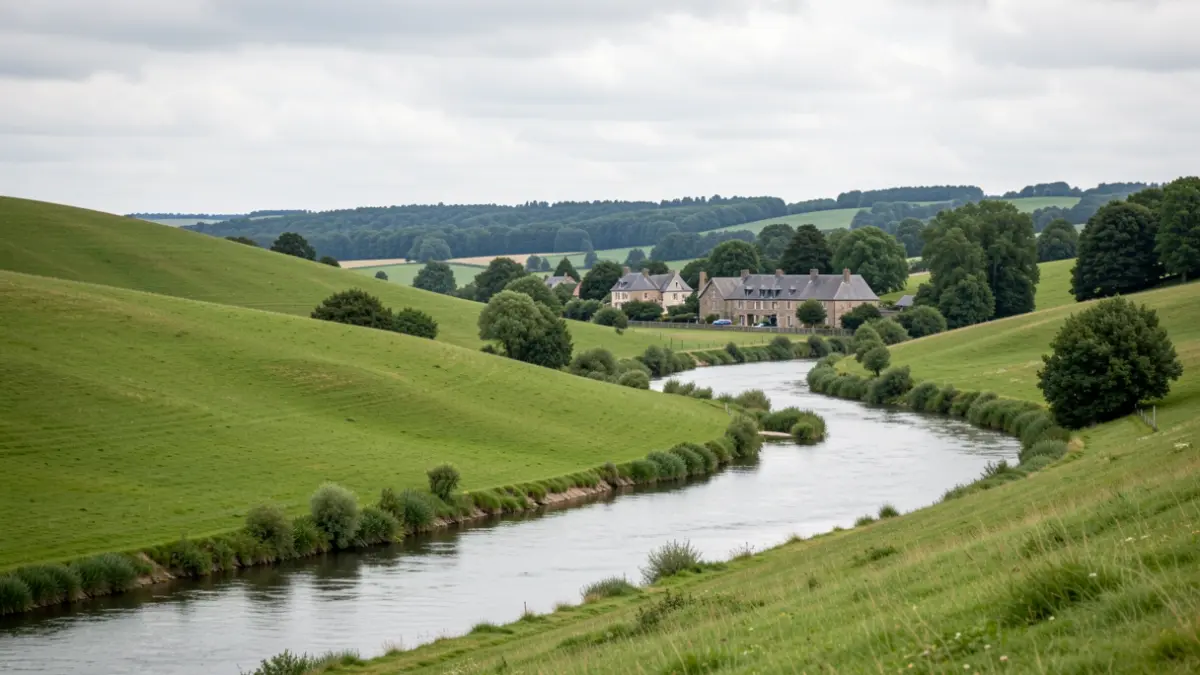 Typical Walloon landscape featuring green rolling hills, a winding river, and a traditional stone village under an overcast sky.