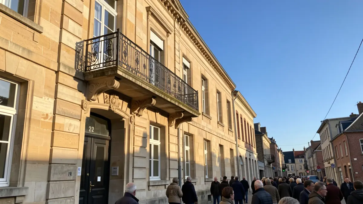 Stone facade of the Houyet town hall with an ornate balcony and iron railings, warm afternoon sunlight.
