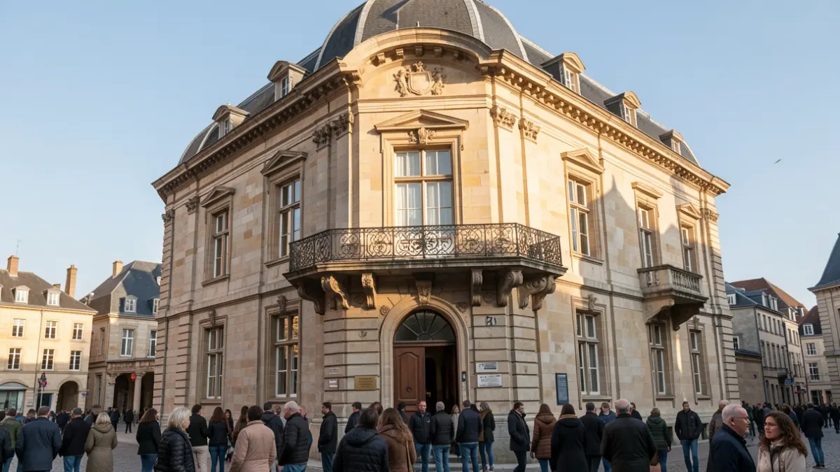 Façade de l'Hôtel de Ville de Namur, un bâtiment historique en pierre avec un balcon orné et des balustrades en fer, baigné par la lumière chaude d'un soleil de fin d'après-midi projetant des ombres douces. Le ciel est bleu clair.