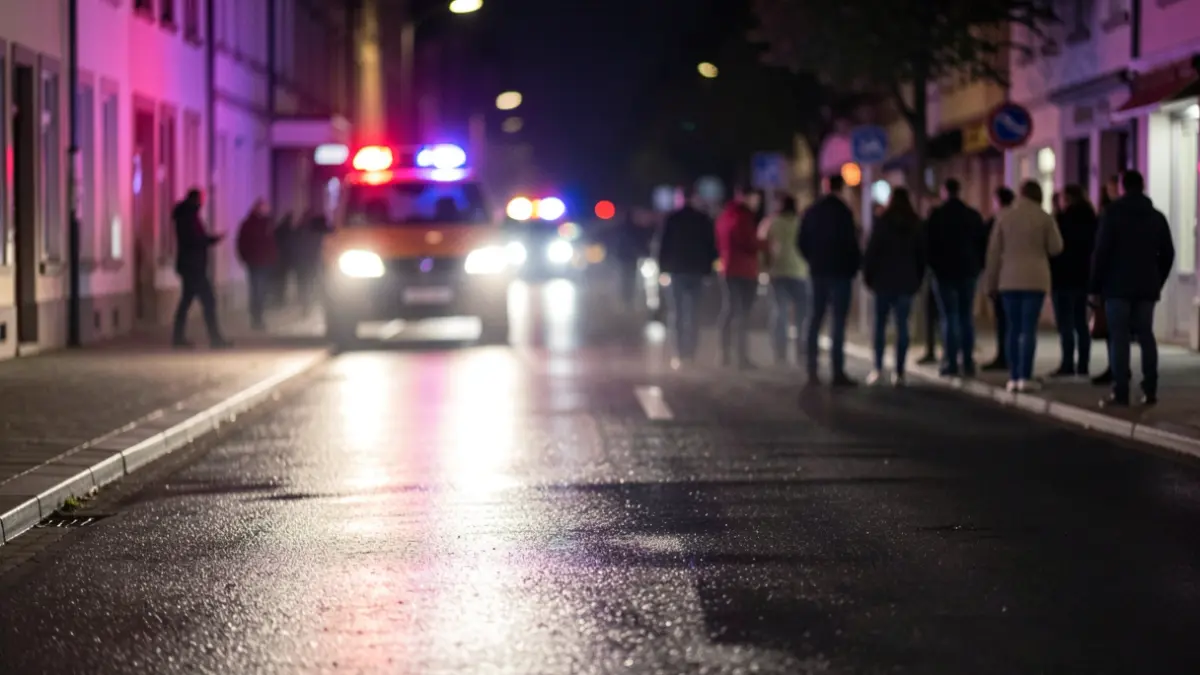 Generic image of an emergency intervention at night on a street in Seraing, with emergency lights reflecting on wet asphalt.