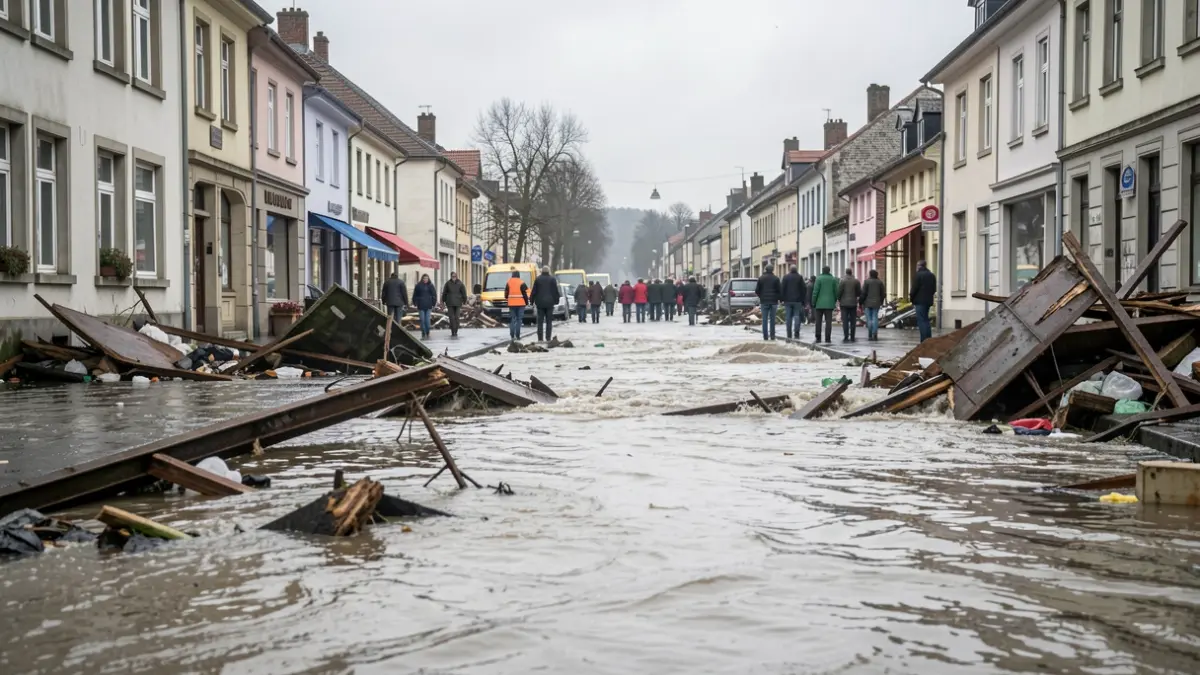 Image générique des conséquences des inondations dans une commune wallonne, montrant les efforts de nettoyage.