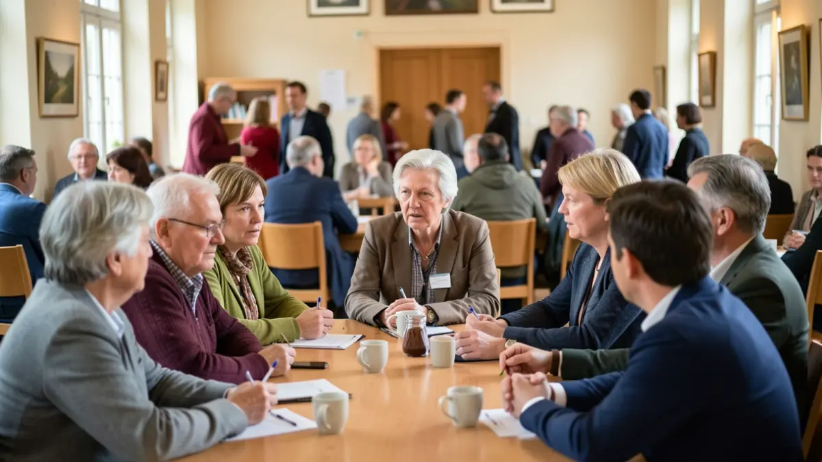 Image générique de citoyens participant à une réunion communautaire dans un bâtiment public en Wallonie.