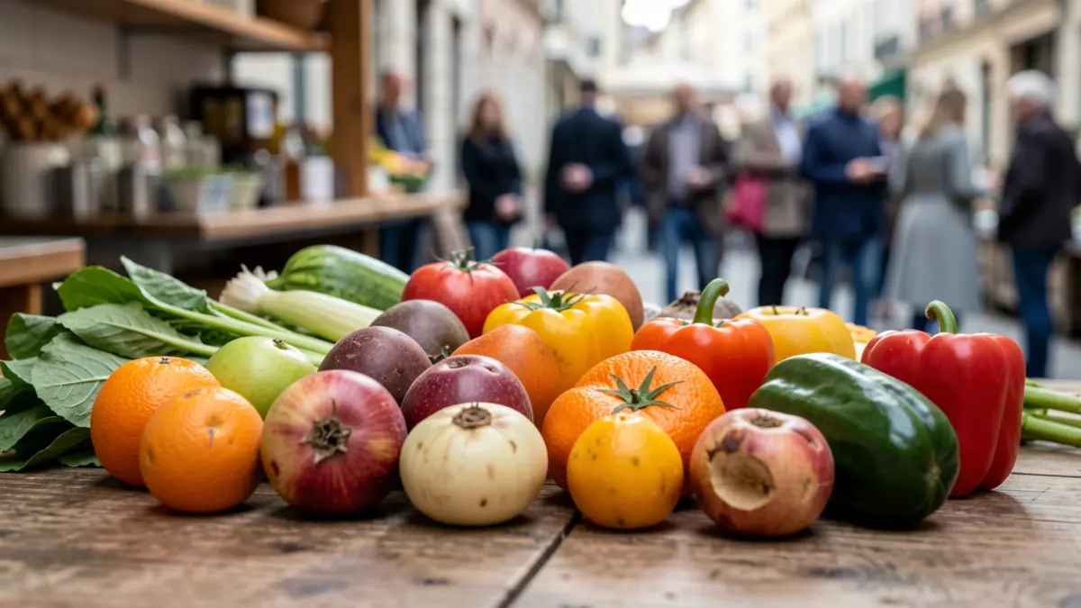 Close-up of fresh fruits and vegetables, some perfect, others slightly imperfect, arranged on a rustic wooden surface. Soft natural light.