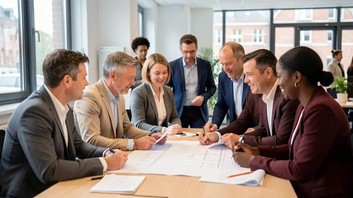 Des professionnels wallons collaborent dans un bureau moderne lors de la Journée Découverte Entreprises.