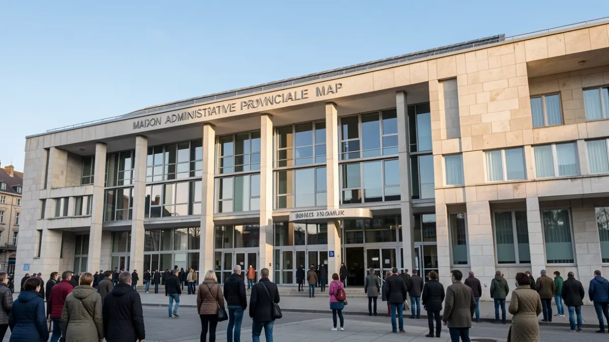 Facade of the Maison administrative provinciale (MAP) in Namur, a modern building with large windows and stone elements, bathed in soft afternoon light, with a clear blue sky above.