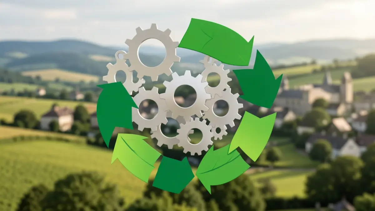 Generic image of circular economy symbols with gears and green leaves on a stylized Walloon landscape.