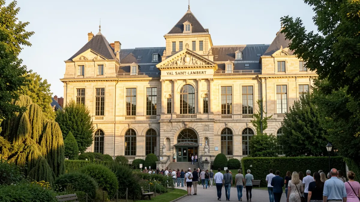 Façade historique en pierre de la cristallerie du Val Saint-Lambert à Seraing, Belgique, sous le soleil d'après-midi.
