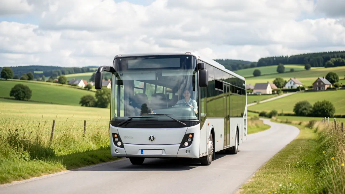 Image générique d'un bus TEC à la demande circulant dans une zone rurale de Wallonie.