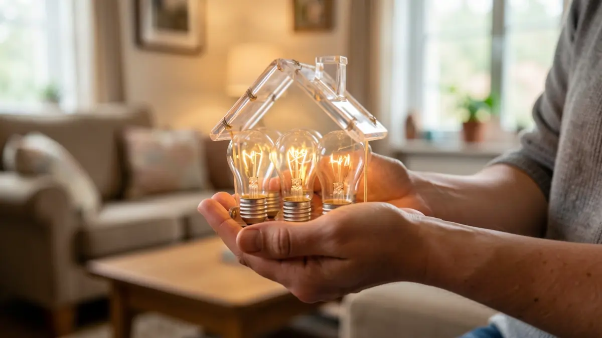 Mains d'un travailleur social tenant une maison faite d'ampoules à économie d'énergie, dans un salon.