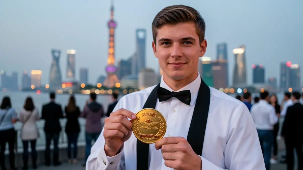 Loïc Nolleveaux, jeune talent belge, tenant sa médaille d'Excellence des WorldSkills 2026 à Shanghai.