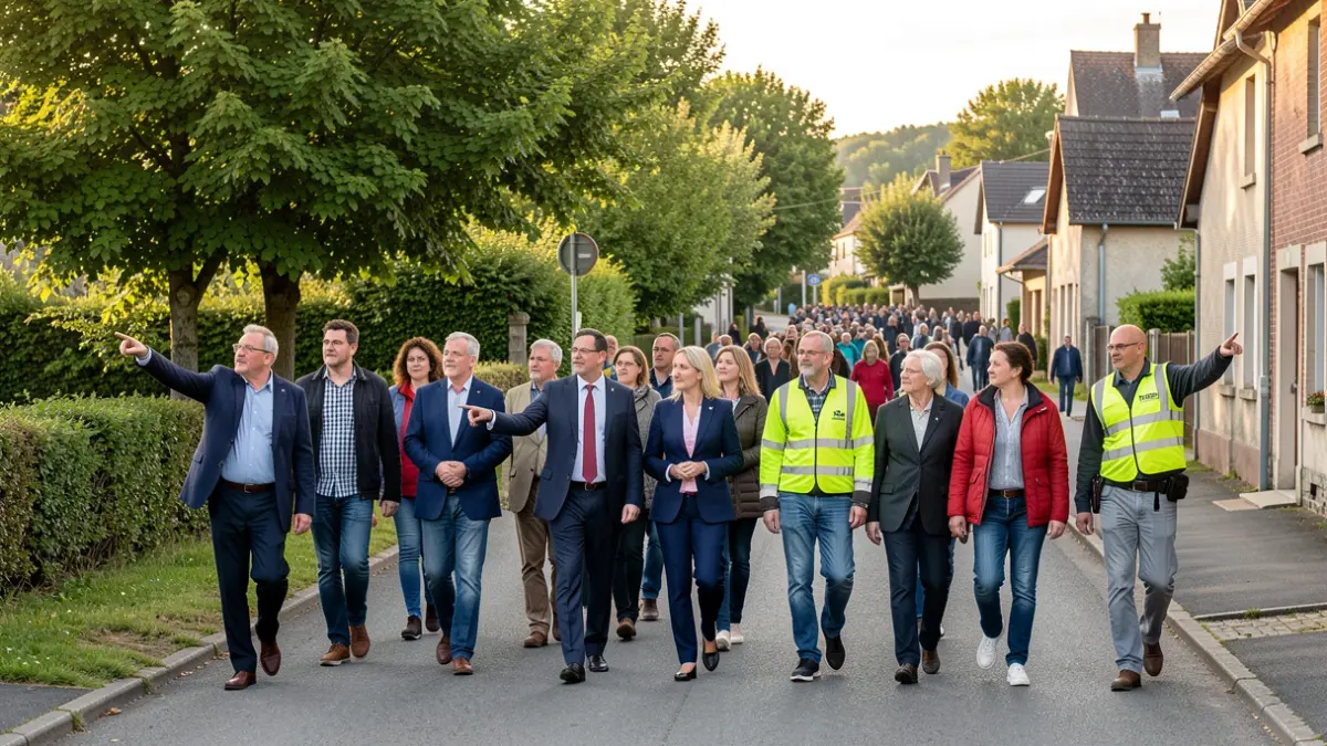 Image d'une marche citoyenne dans un quartier résidentiel de Jemeppe-sur-Sambre.