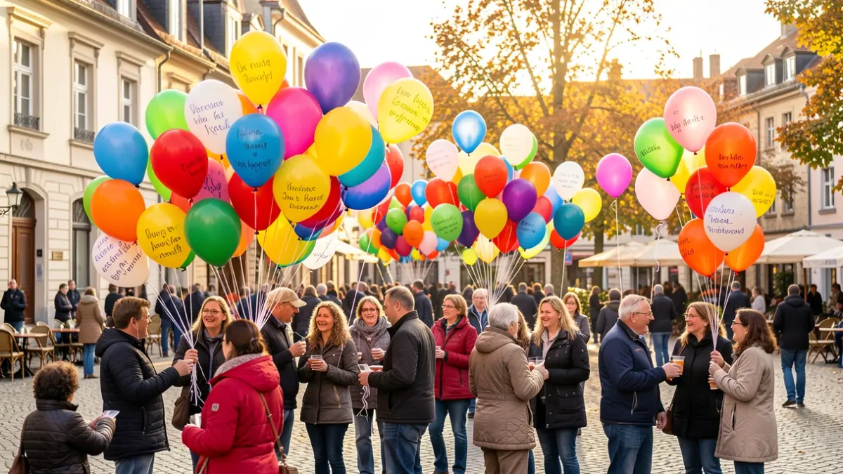 Colorful balloons float over Kuborn Square in Seraing during a NOMAD event, inviting the sharing of positive messages.