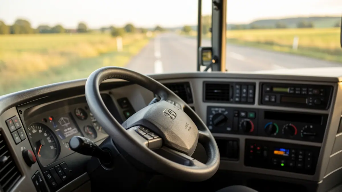 Close-up of a truck's steering wheel and dashboard, with a blurred Walloon landscape visible through the windshield.