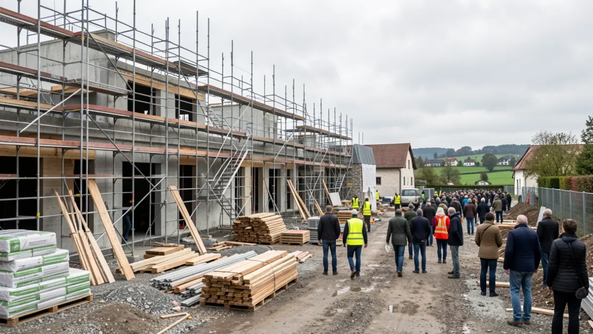 Chantier de construction en Wallonie avec échafaudages et matériaux, ouvriers au loin en gilets de sécurité, ciel couvert.
