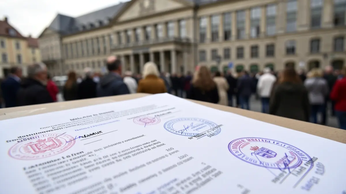 Official document from the Walloon Government with seals and stamps, Walloon Parliament building in the background.