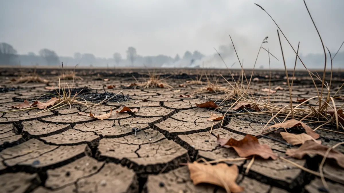 Dry, cracked landscape in Wallonia under a hazy, overcast sky, symbolizing fire risk. Dead leaves and dry grass are visible.