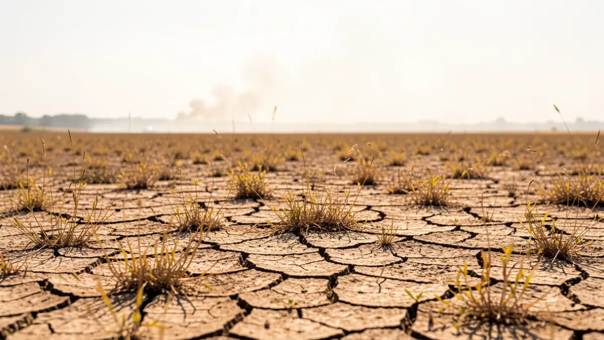 Image of extreme dryness in Wallonia with yellowed vegetation and a light plume of smoke in the distance.