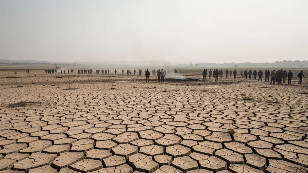 Dry, cracked earth landscape under a hazy sky, evoking an increased fire risk.