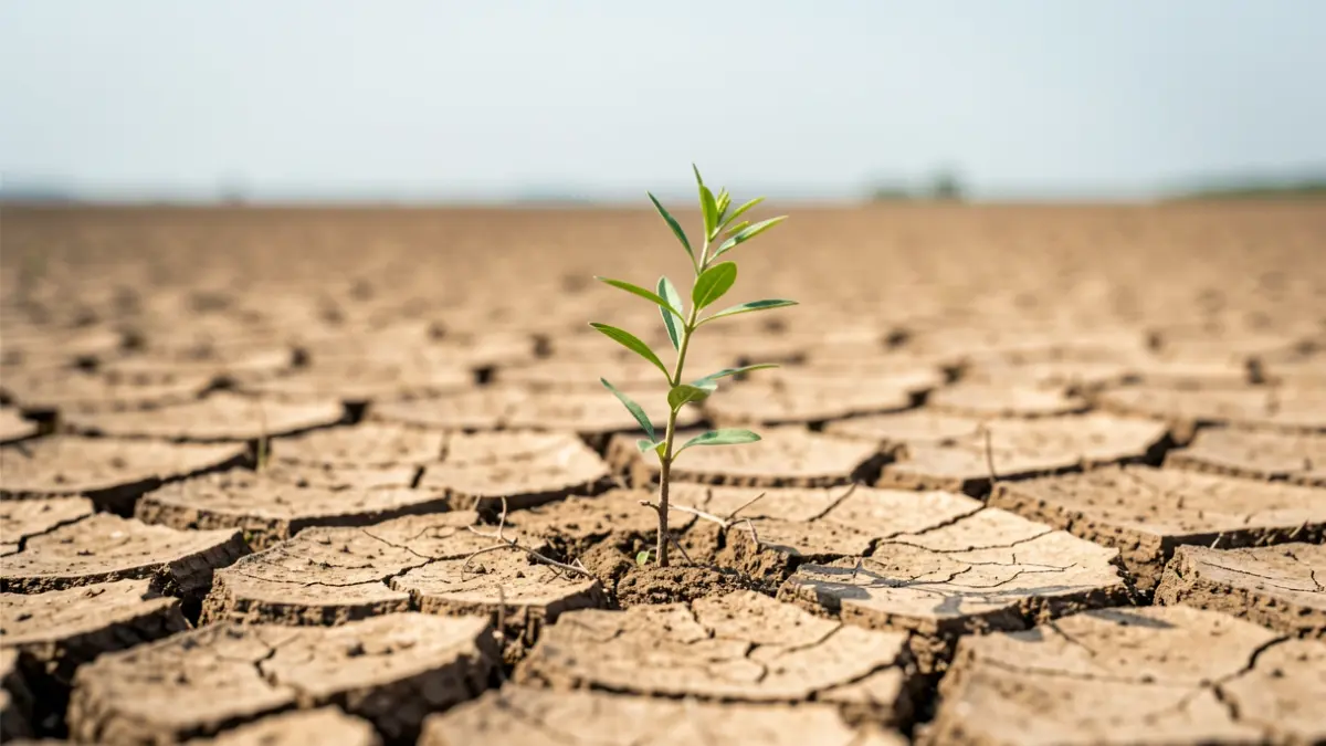 Generic image of drought with cracked earth and pale sky.