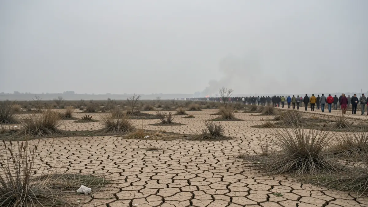 Drought landscape in Wallonia with dry vegetation and overcast sky.