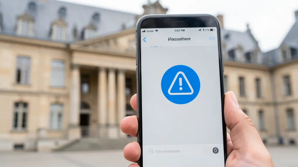 Image générique d'un smartphone affichant une notification de message d'alerte, avec un arrière-plan flouté d'une façade de commune belge.