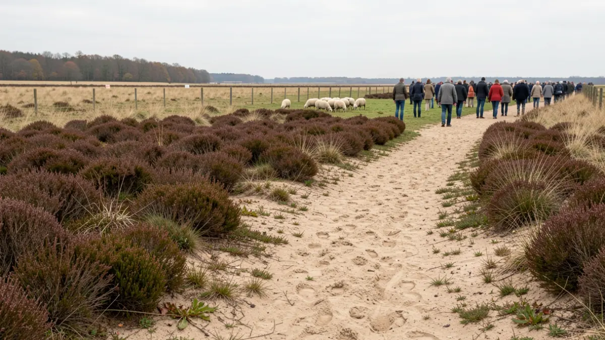 Image d'une lande restaurée dans la Réserve Naturelle Domaniale de la Champtaine, avec des moutons en arrière-plan.