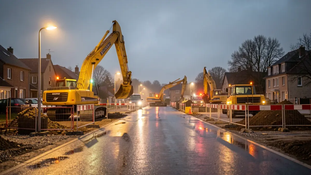 Chantier de construction sur la rue Reppe à Seilles, avec engins et éclairage nocturne.