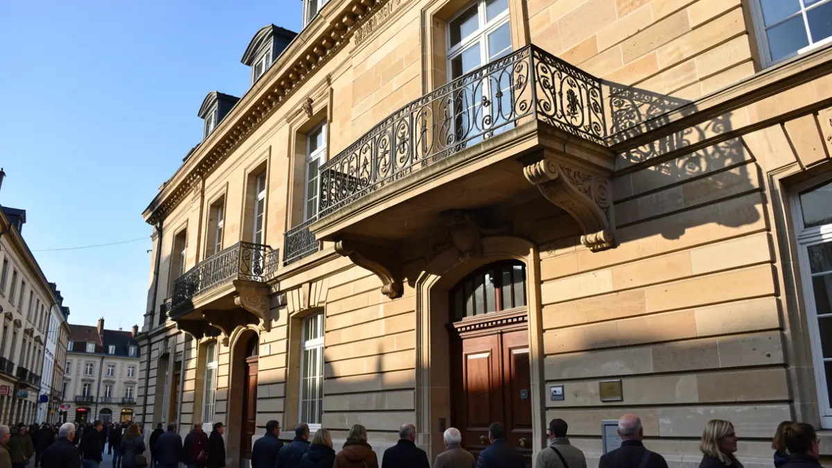 Façade en pierre d'un hôtel de ville wallon avec balcon orné et balustrade en fer forgé, lumière chaude de l'après-midi.