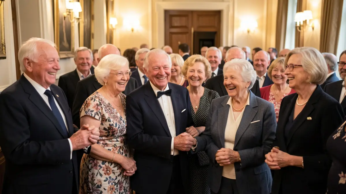 Elderly couples celebrate their diamond and golden wedding anniversaries in Waterloo, surrounded by loved ones.