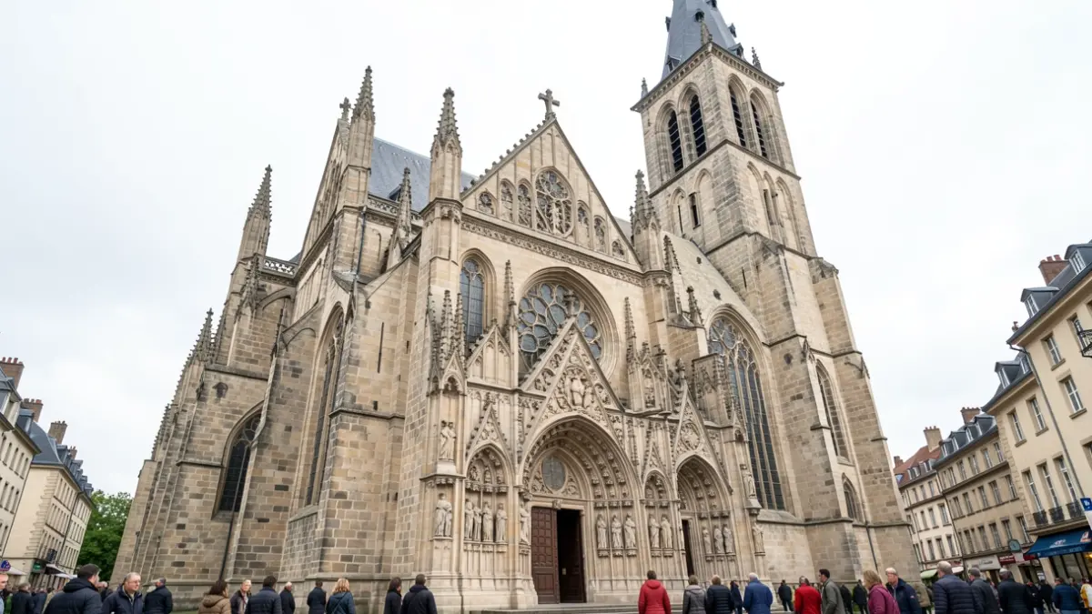 Facade of a historic collegiate church in Liège, Belgium, with intricate stone carvings and a tall bell tower, bathed in soft, diffused daylight. Focus on architectural details and the sense of historical significance. No people visible.