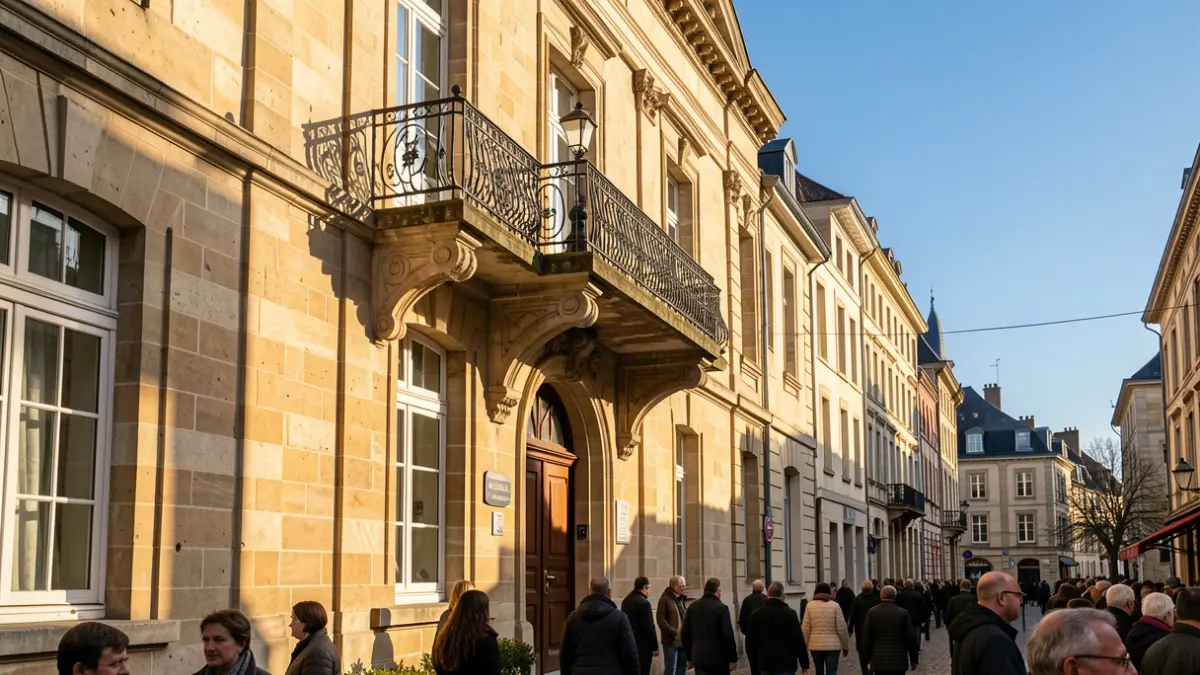 Façade en pierre de l'hôtel de ville de Léglise avec balcon orné et ciel bleu.