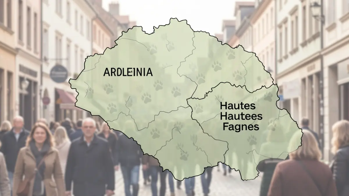 Stylized map of Wallonia showing two wolf expansion zones in the Ardennes and Hautes Fagnes.