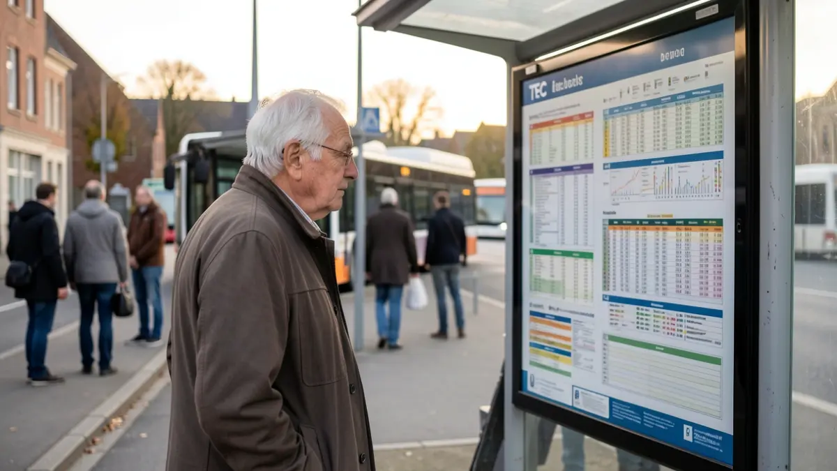 Un senior consulte un horaire de bus TEC à un arrêt à Lasne, Wallonie, en fin d'après-midi.