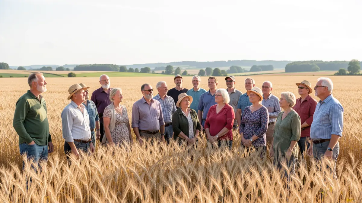 Image générique d'un groupe diversifié d'agriculteurs et agricultrices dans un champ ensoleillé en Wallonie, reflétant l'espoir et les défis du secteur.