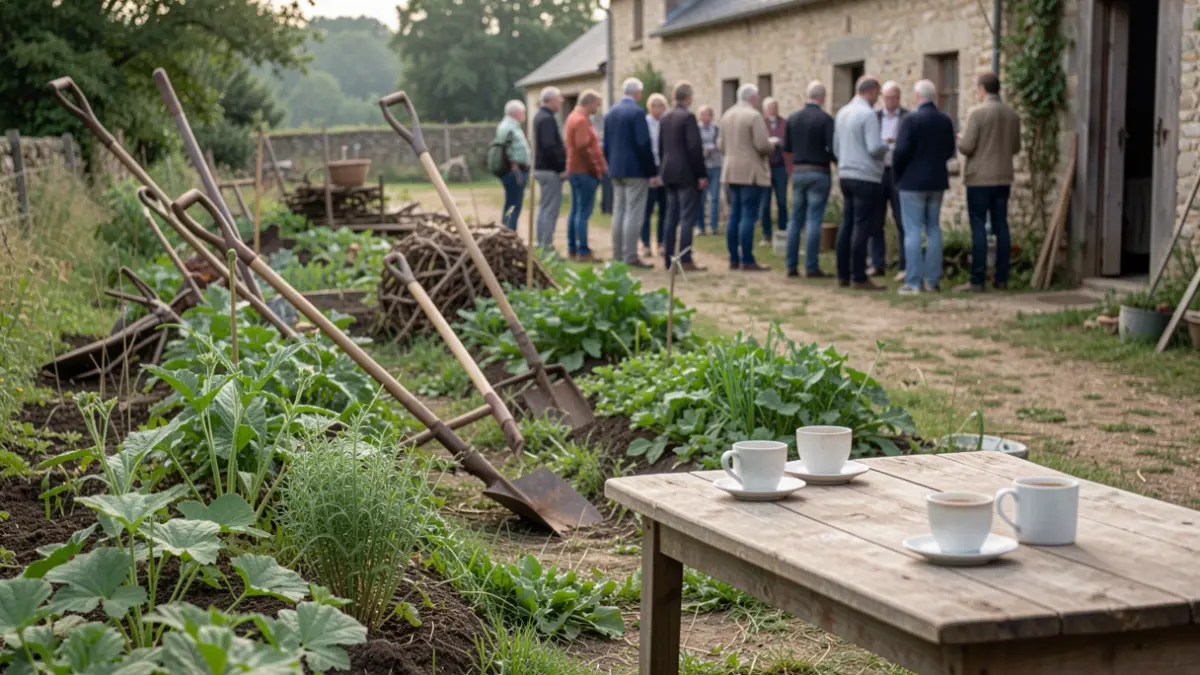 Image of a farm in Wallonia with plants and coffee cups on a table.