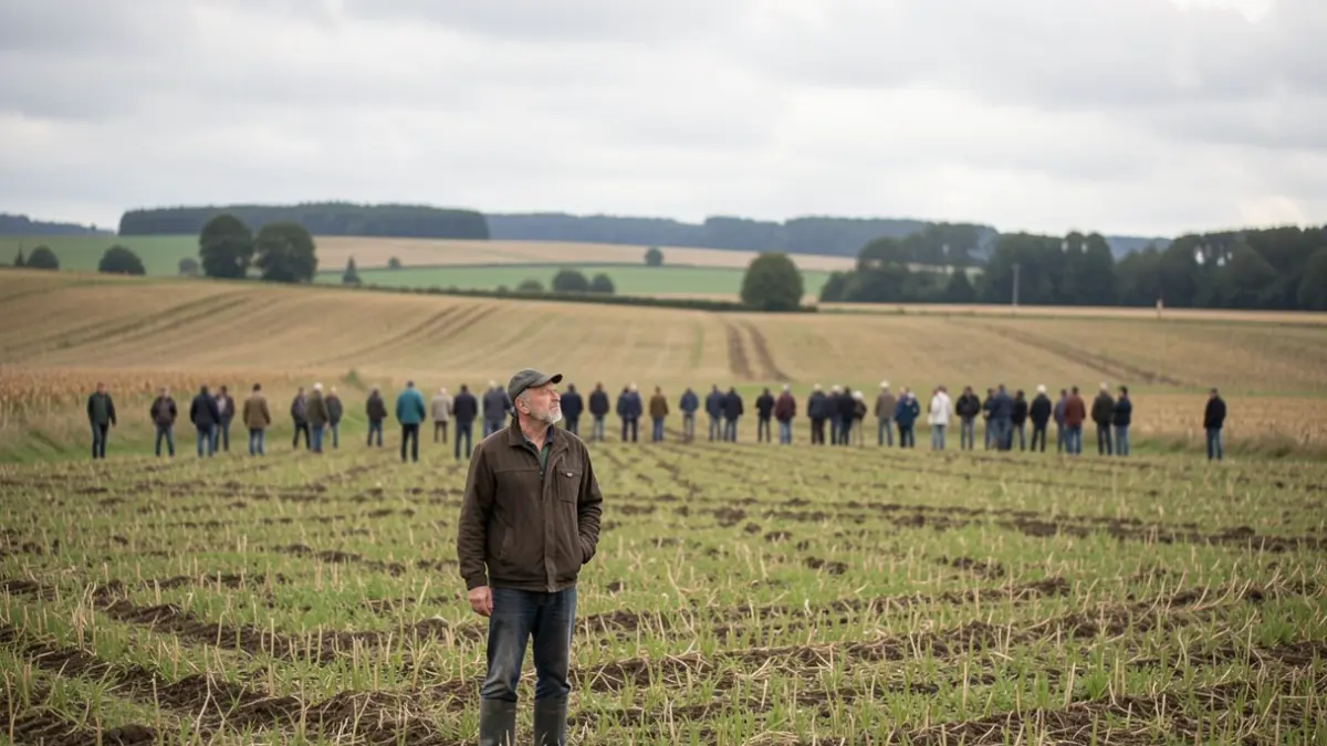 Image générique d'un agriculteur dans un champ wallon sous un ciel couvert, style documentaire.