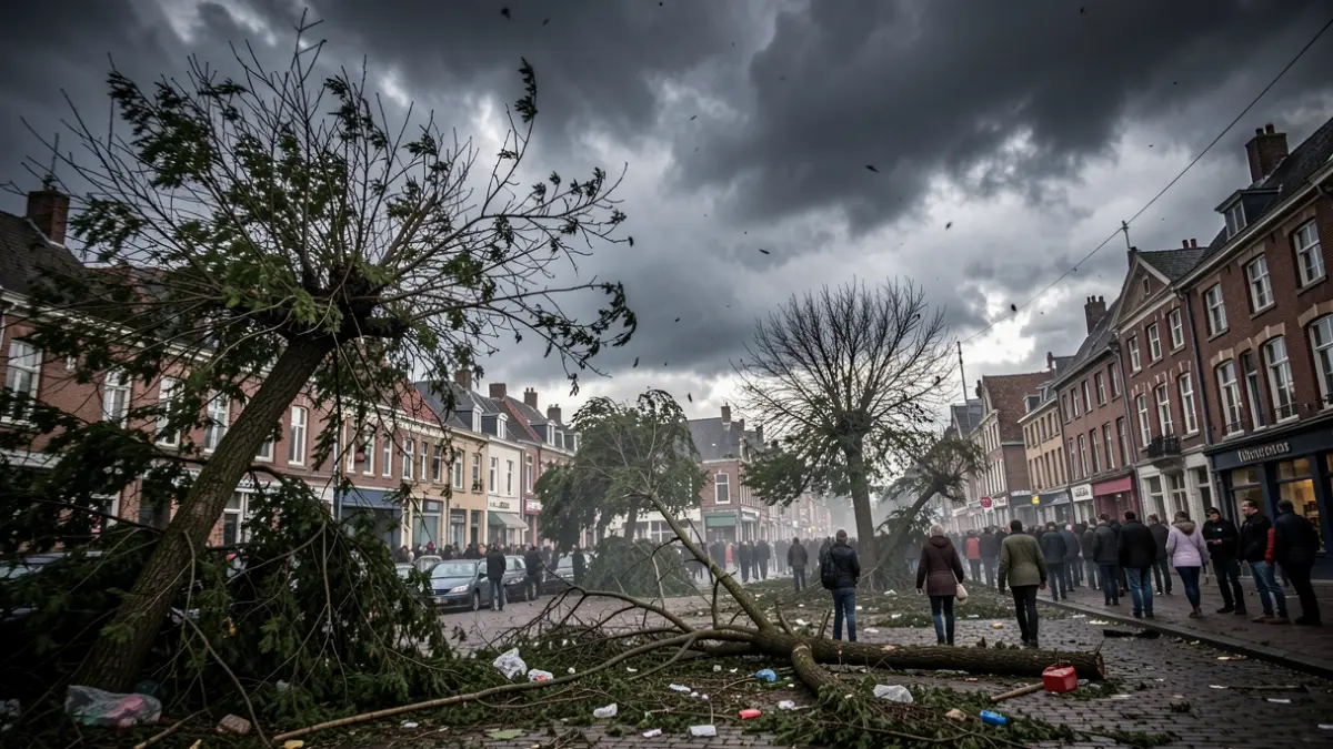 Image générique de ciel d'orage menaçant au-dessus d'un paysage wallon, avec des arbres courbés par le vent fort et des débris emportés. Lumière dramatique.