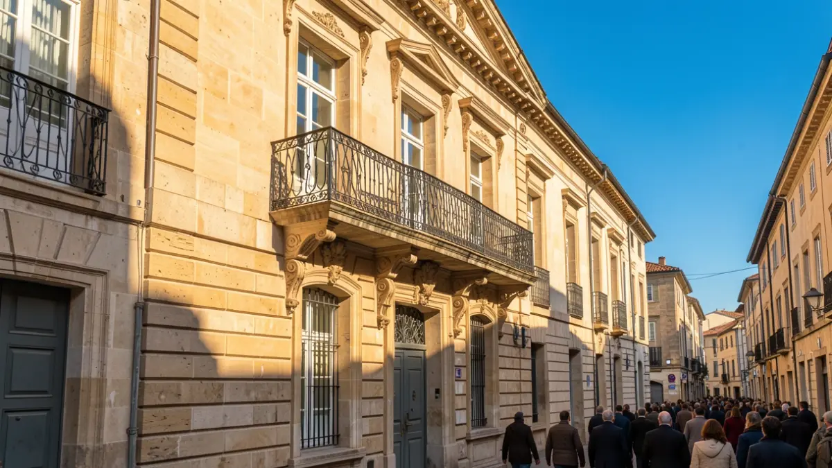 Image générique de la façade d'un bâtiment communal avec balcon et balustrade en fer forgé, éclairée par le soleil d'après-midi.