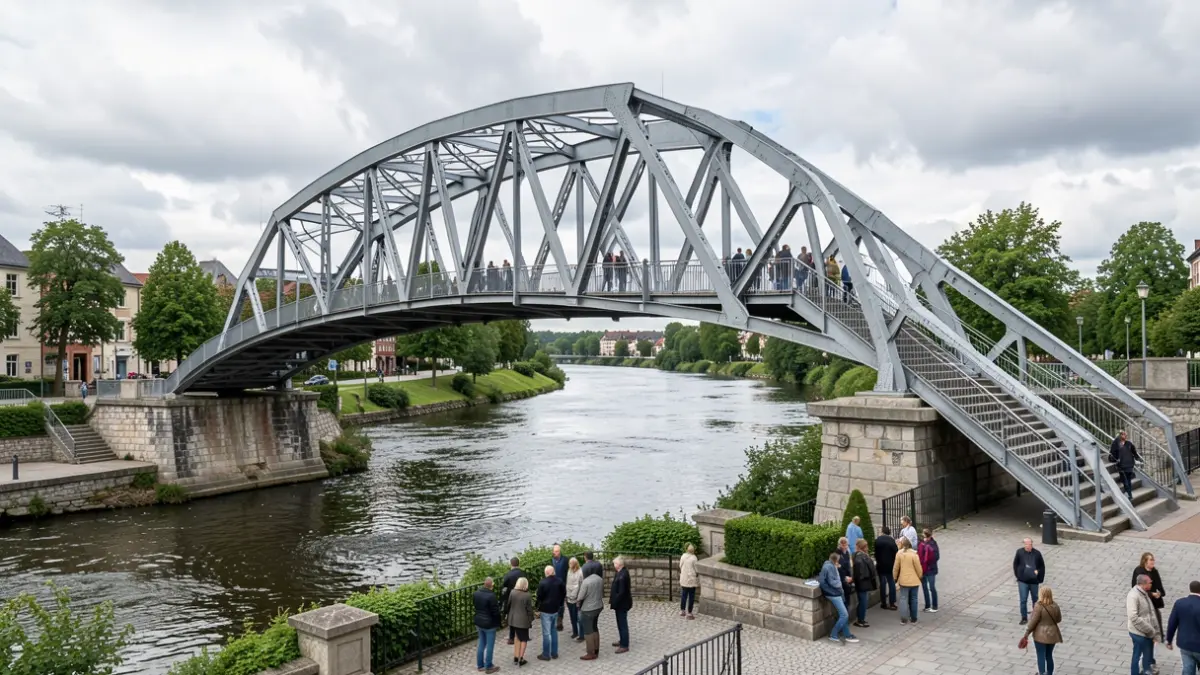 New 29-meter metallic footbridge over the Samson river in Thon-Samson, Wallonia, with access via stairs and ramp.