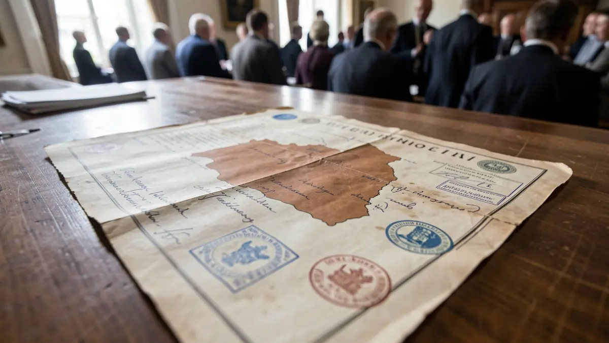 Image générique d'un document officiel avec des tampons et des sceaux, montrant une carte avec une zone ombrée et des annotations. Lumière du jour douce et diffuse.